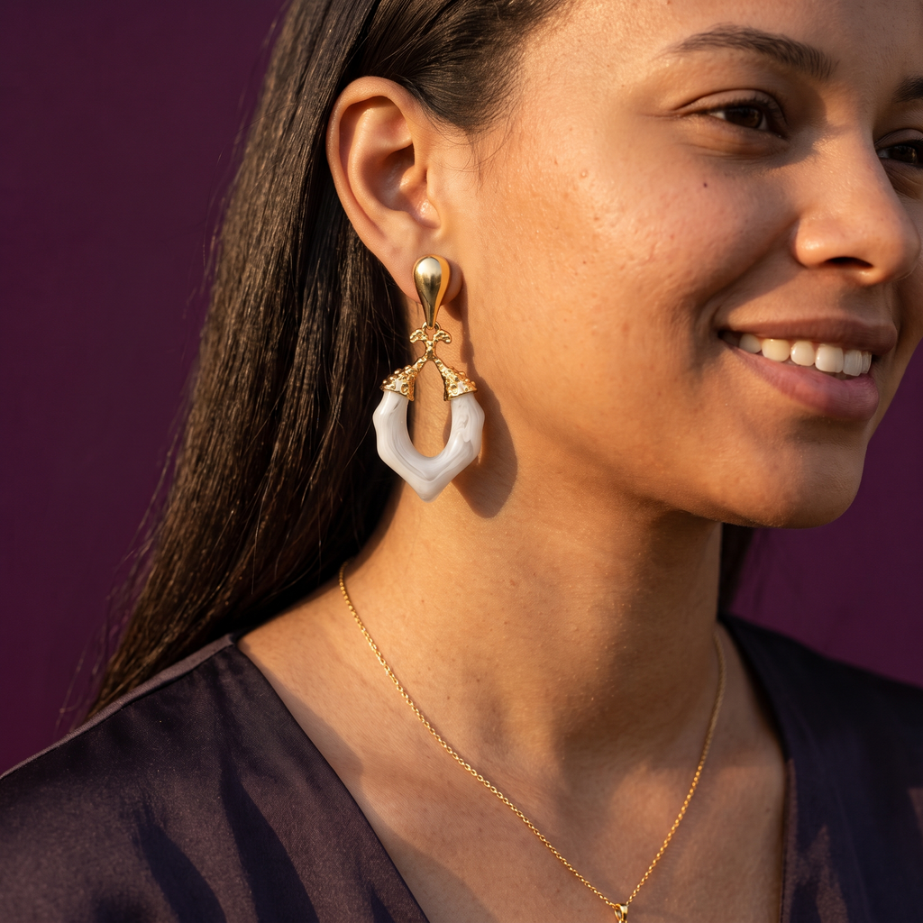 White Ceramic Open Drop Earrings with Gold Teardrop Top | S.W.ANJ