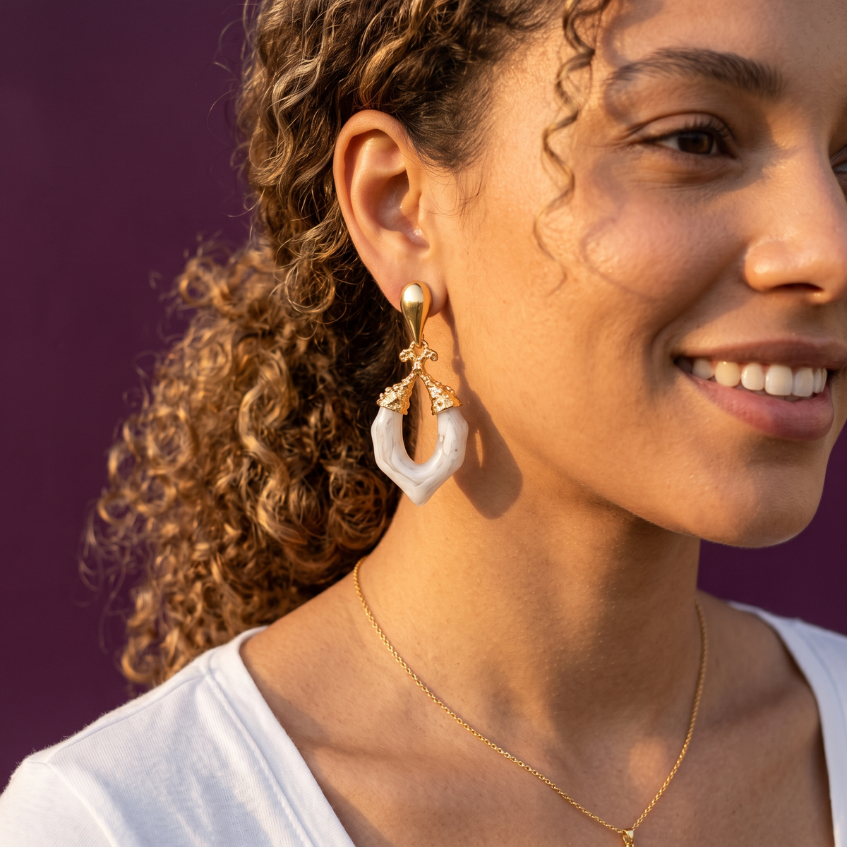 White Ceramic Open Drop Earrings with Gold Teardrop Top | S.W.ANJ