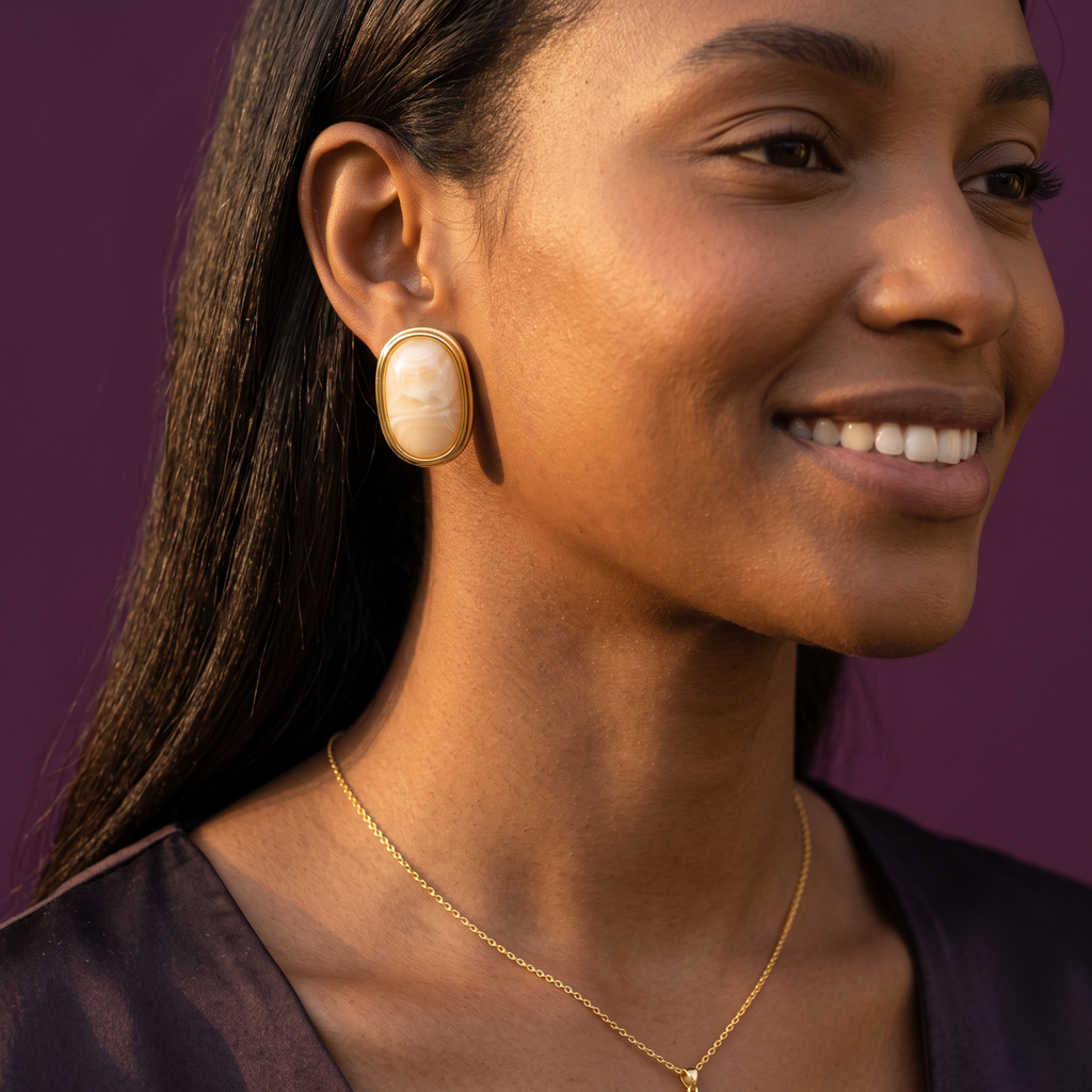 Peach Marble Ceramic Oval Stud Earrings | S.W.ANJ