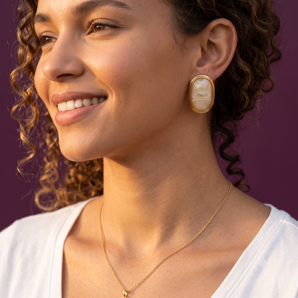 Peach Marble Ceramic Oval Stud Earrings | S.W.ANJ