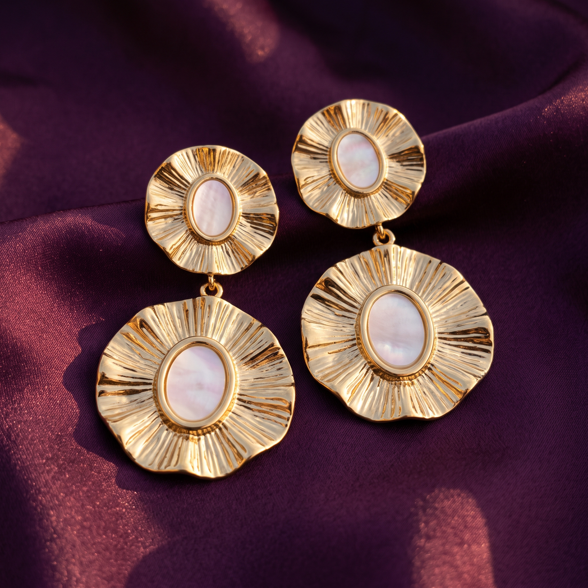Gold Ruffle Flower Drop Earrings with White Ceramic Centres | S.W.ANJ