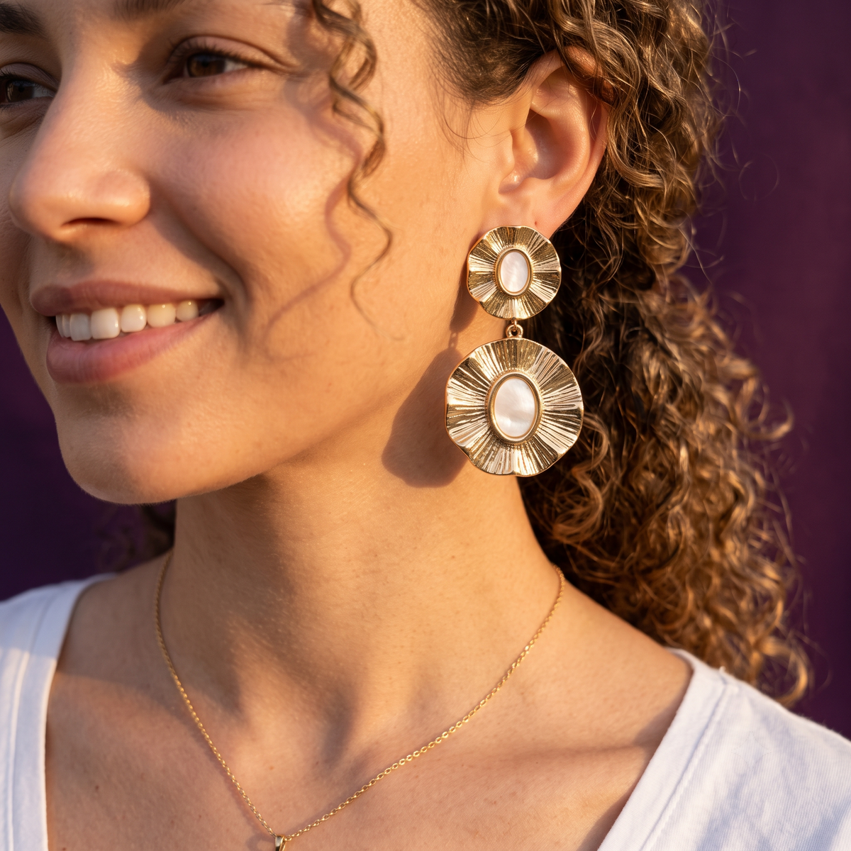 Gold Ruffle Flower Drop Earrings with White Ceramic Centres | S.W.ANJ