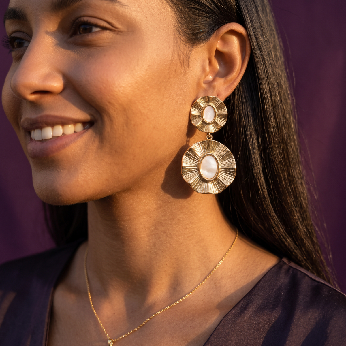 Gold Ruffle Flower Drop Earrings with White Ceramic Centres | S.W.ANJ