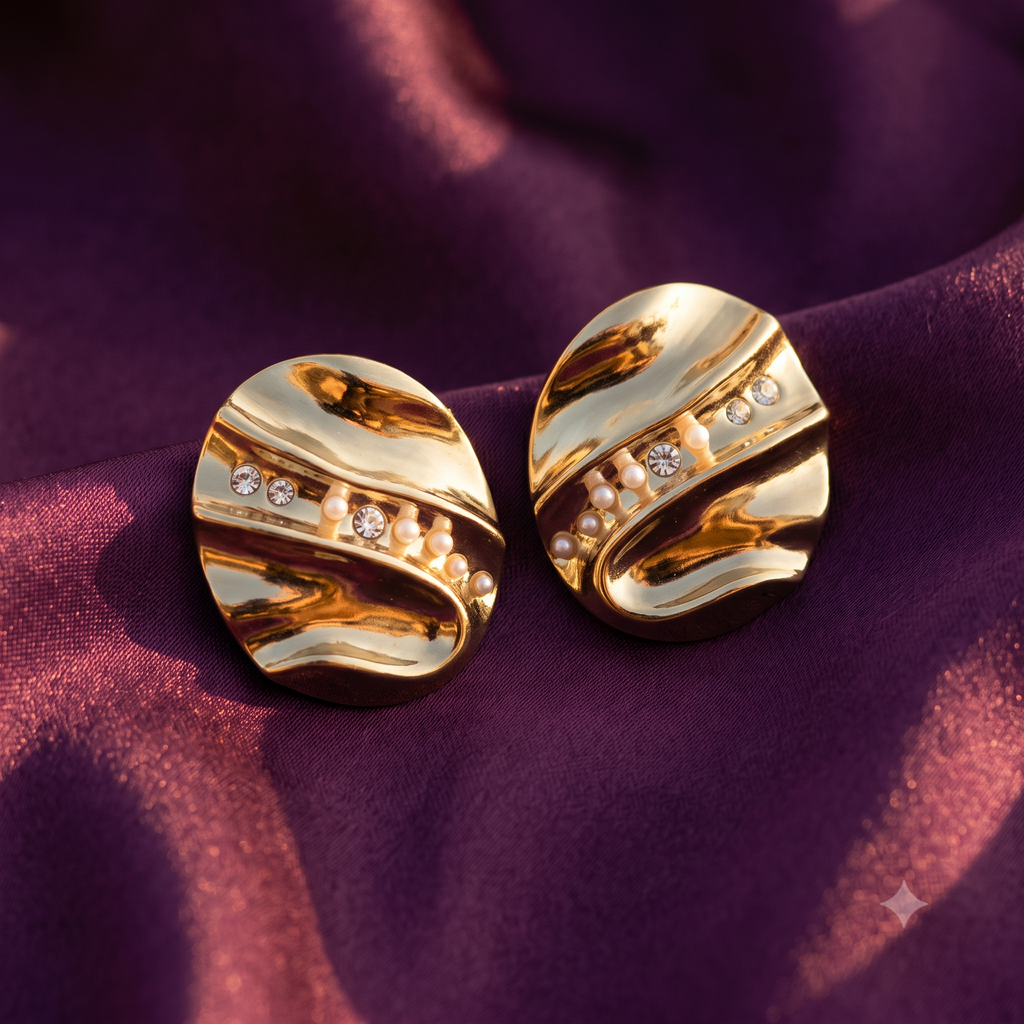 Gold Wavy Oval Stud Earrings with Crystal Line | S.W.ANJ