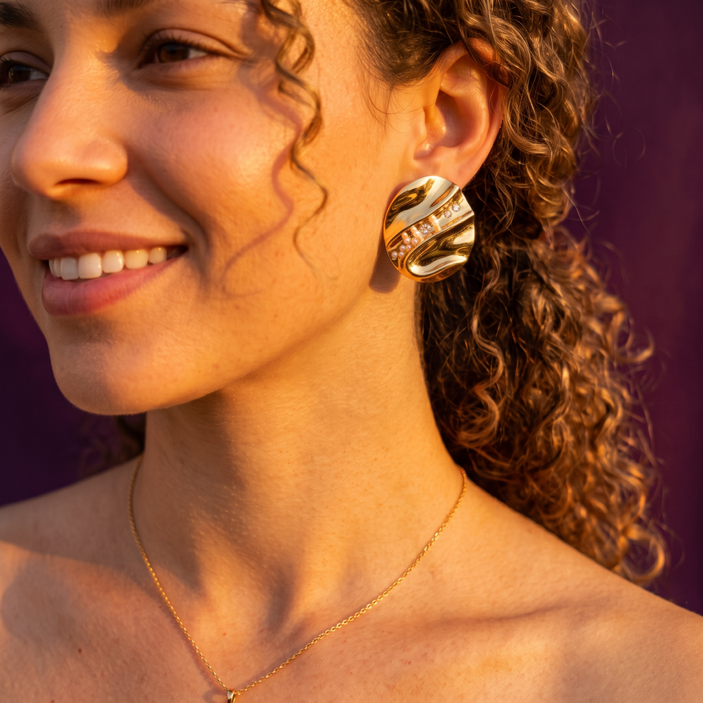 Gold Wavy Oval Stud Earrings with Crystal Line | S.W.ANJ