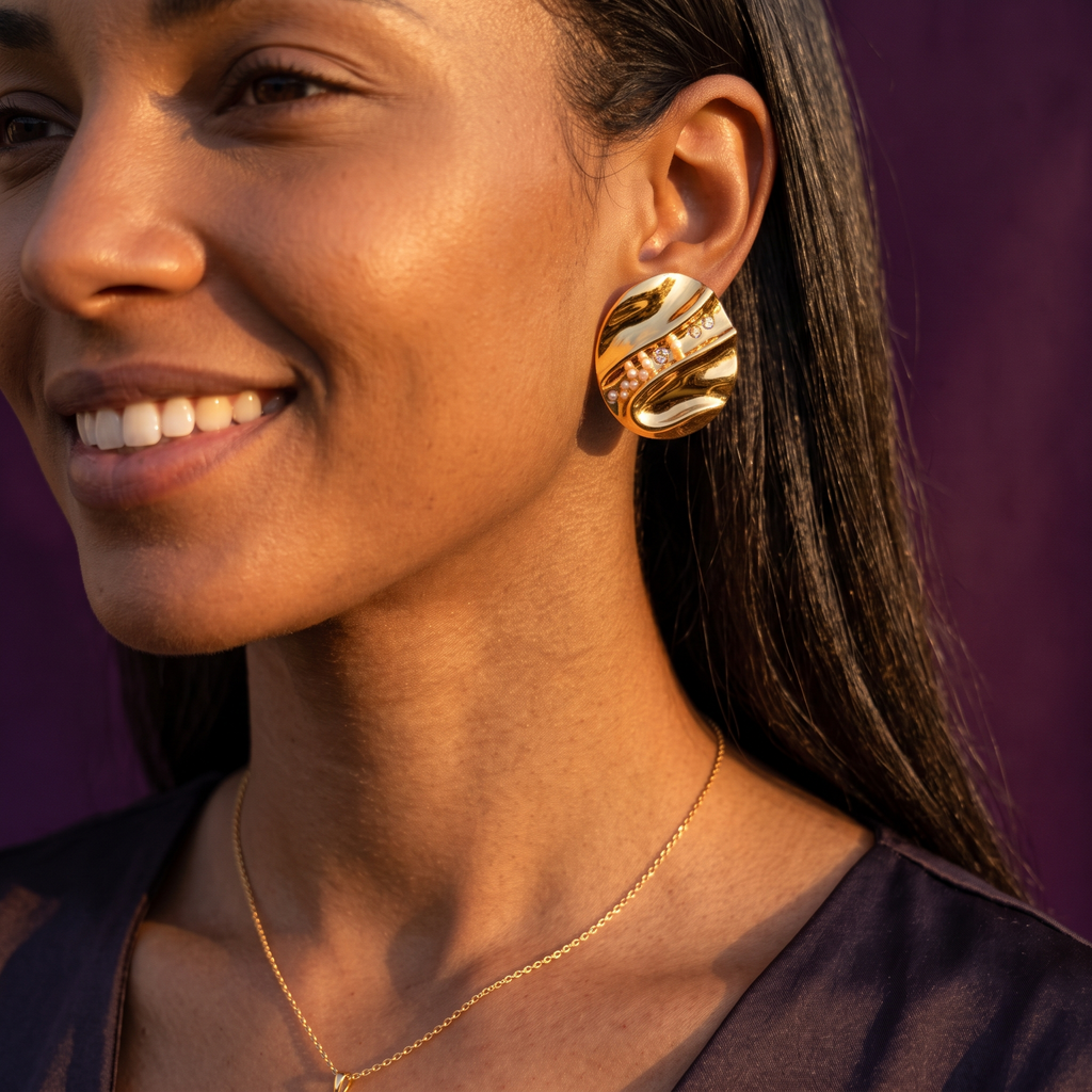 Gold Wavy Oval Stud Earrings with Crystal Line | S.W.ANJ