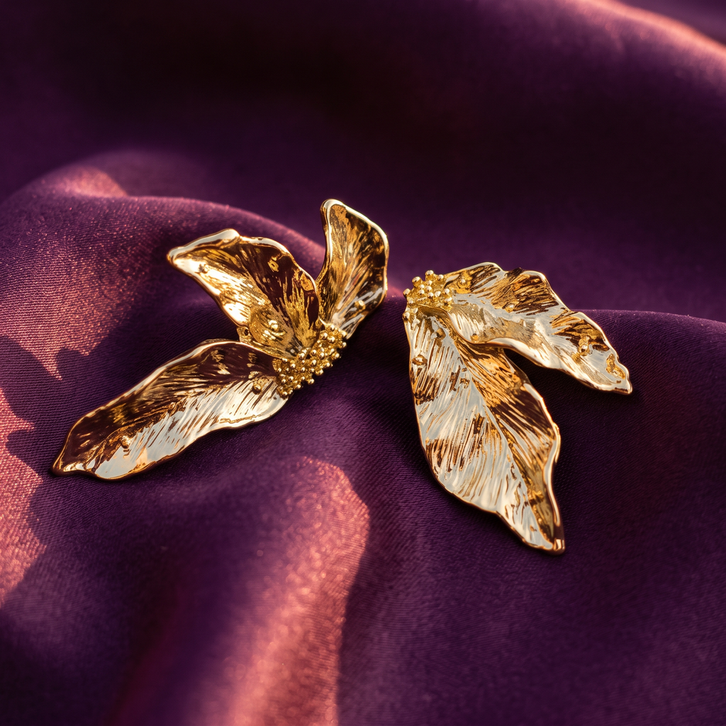 Gold Textured Leaf Cluster Earrings | S.W.ANJ