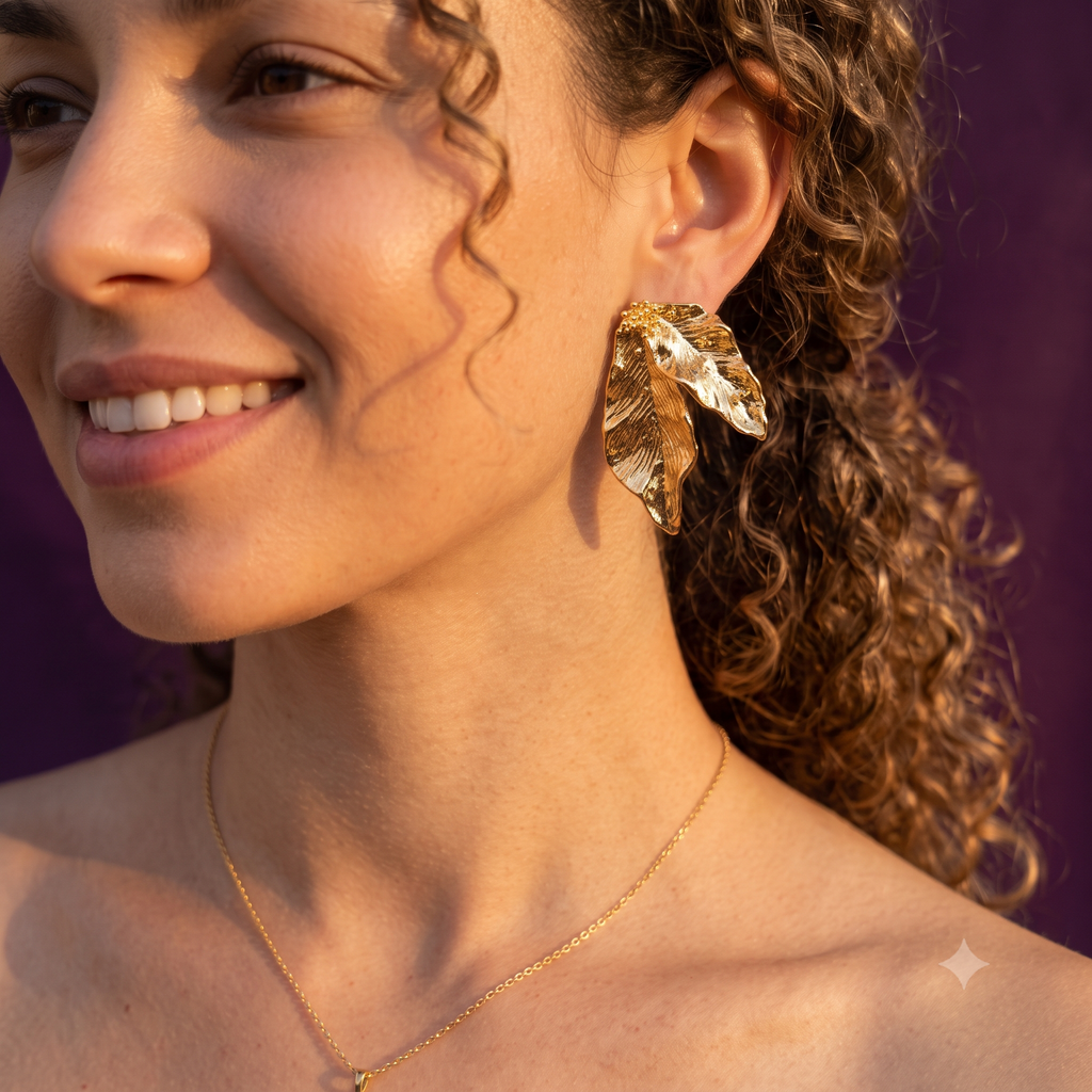 Gold Textured Leaf Cluster Earrings | S.W.ANJ