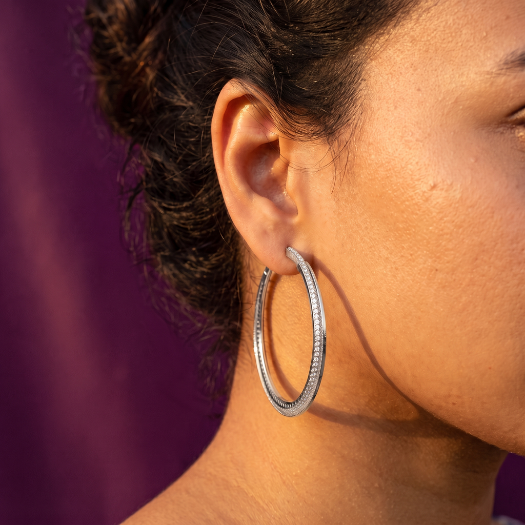 Silver Double Hoop Earrings with Crystal Line | S.W.ANJ