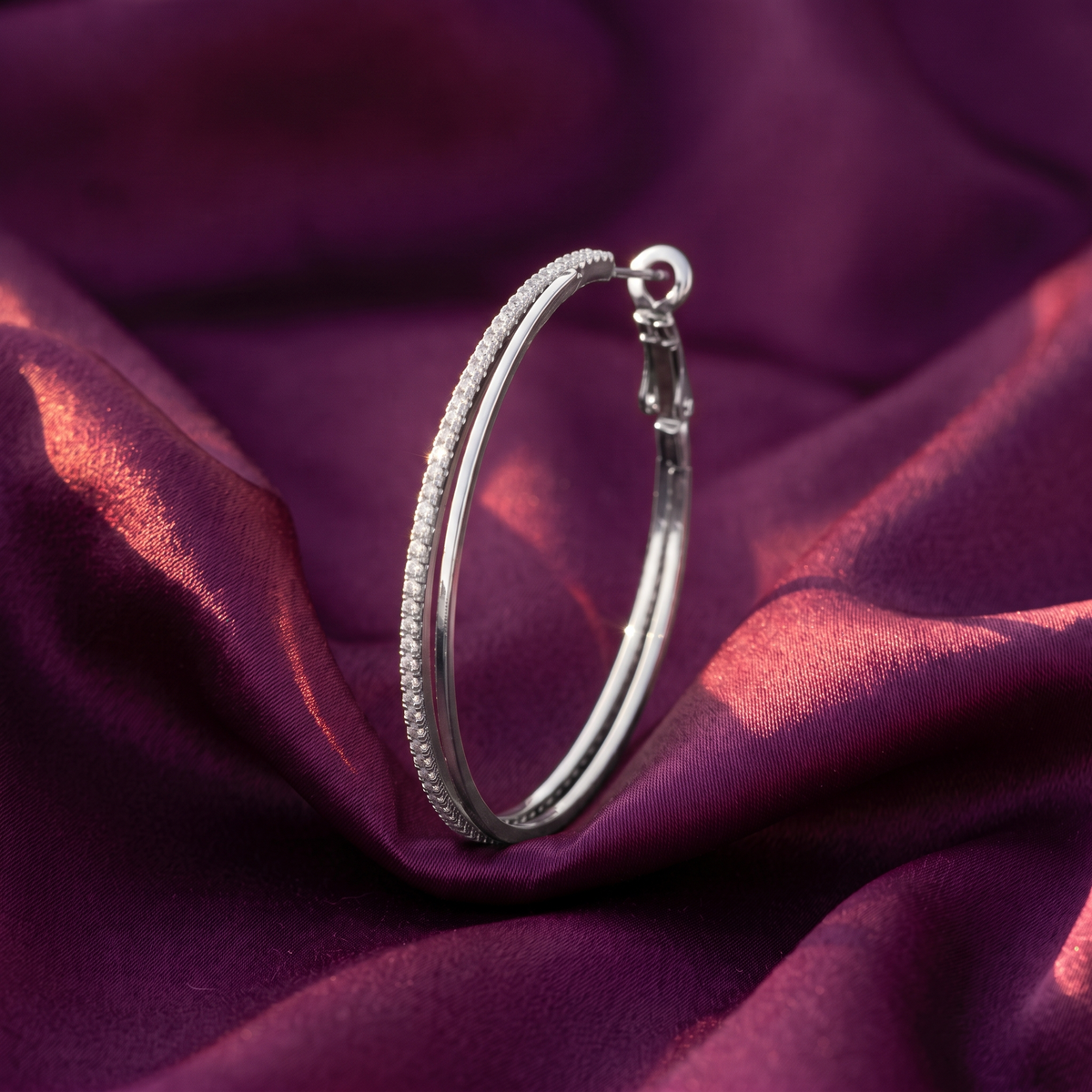 Silver Double Hoop Earrings with Crystal Line | S.W.ANJ
