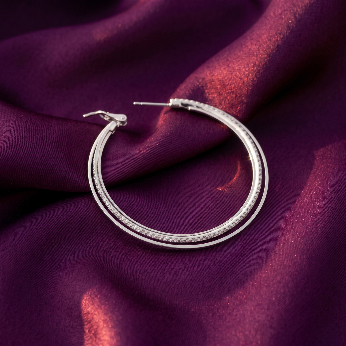 Silver Double Hoop Earrings with Crystal Line | S.W.ANJ