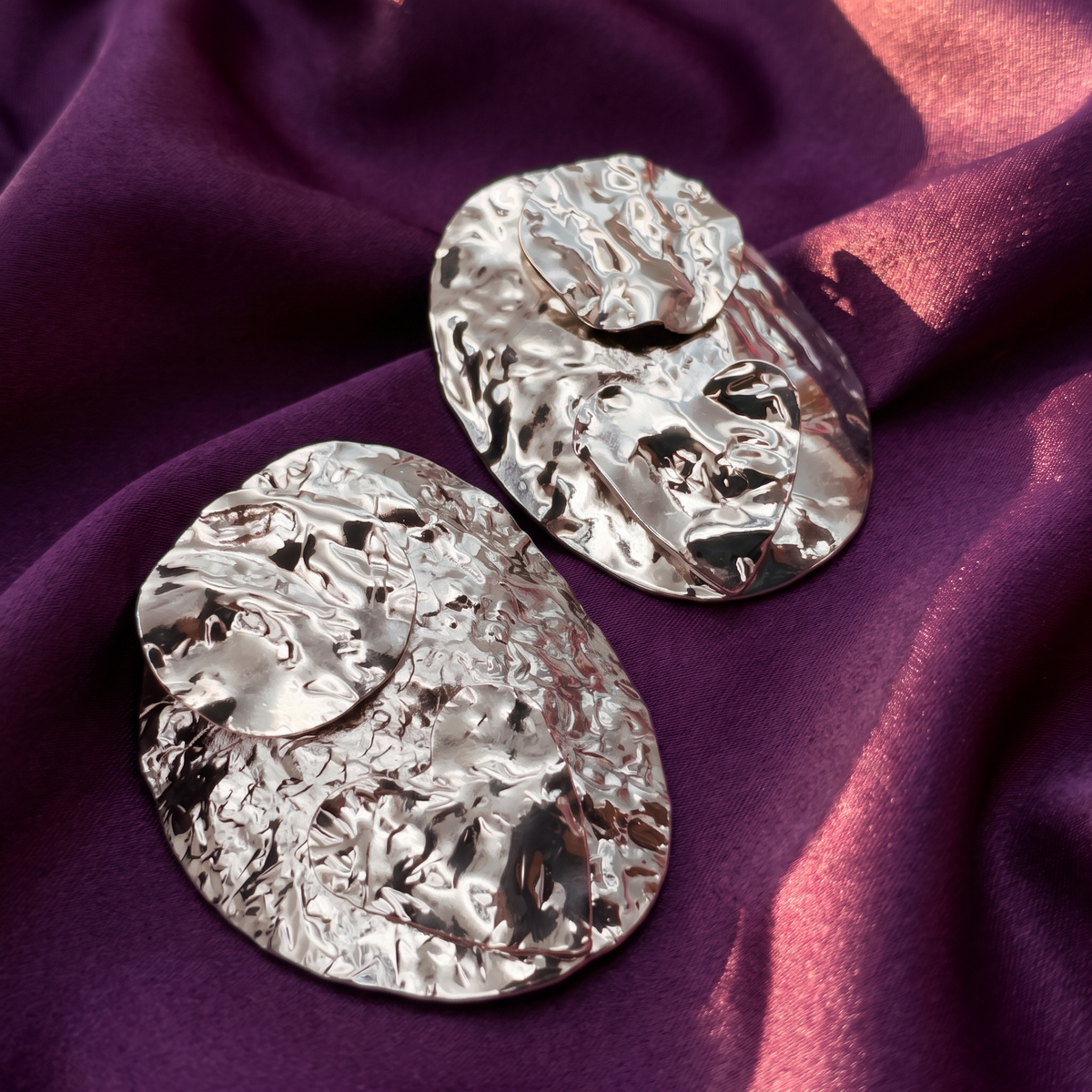 Silver Crinkled Oval Statement Earrings | S.W.ANJ