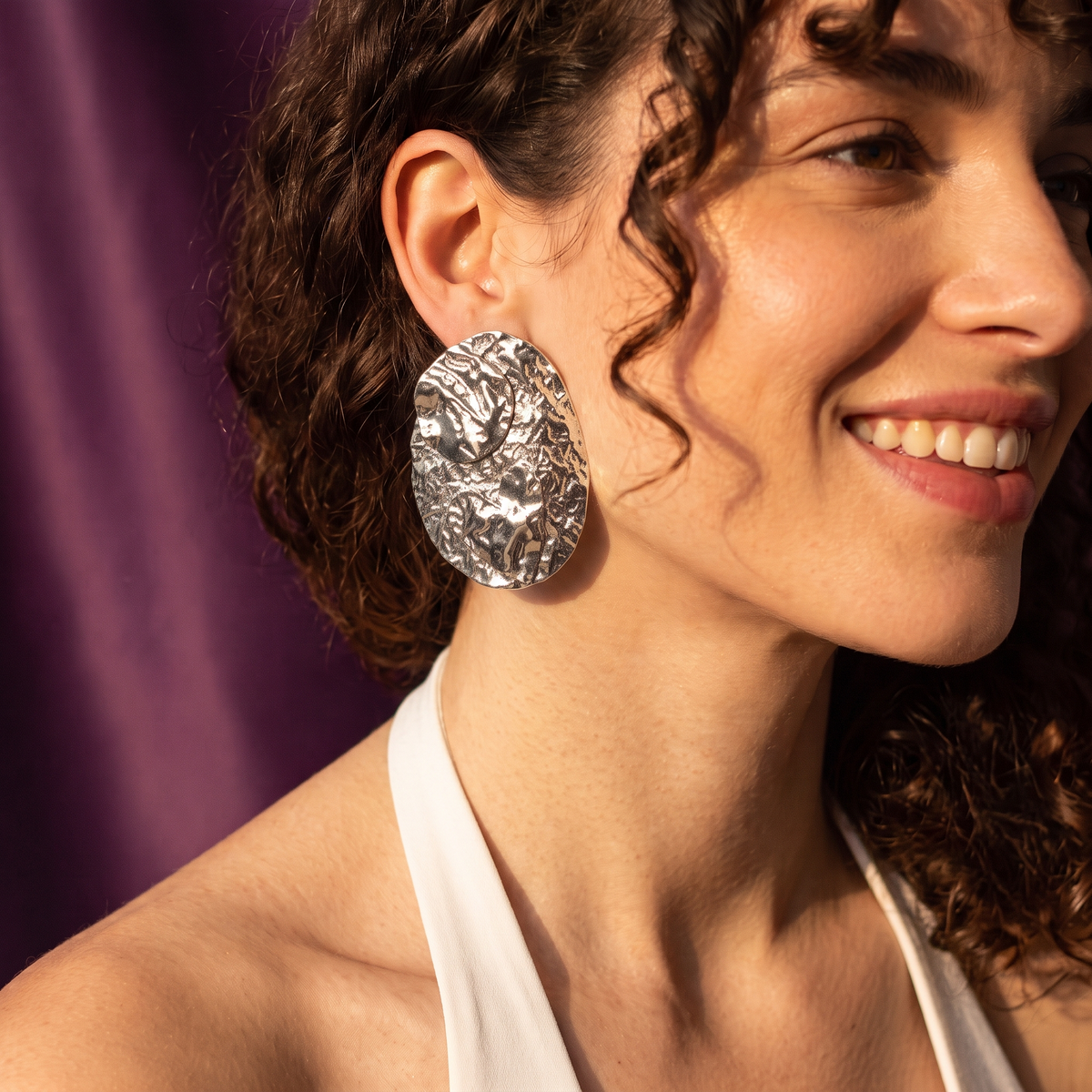 Silver Crinkled Oval Statement Earrings | S.W.ANJ