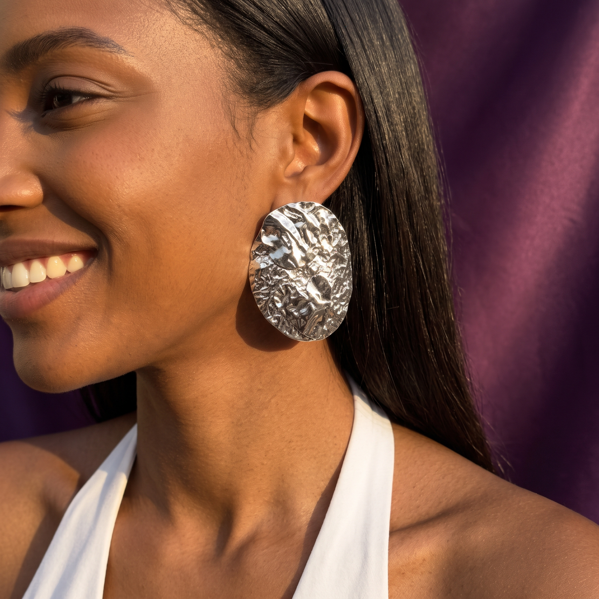 Silver Crinkled Oval Statement Earrings | S.W.ANJ