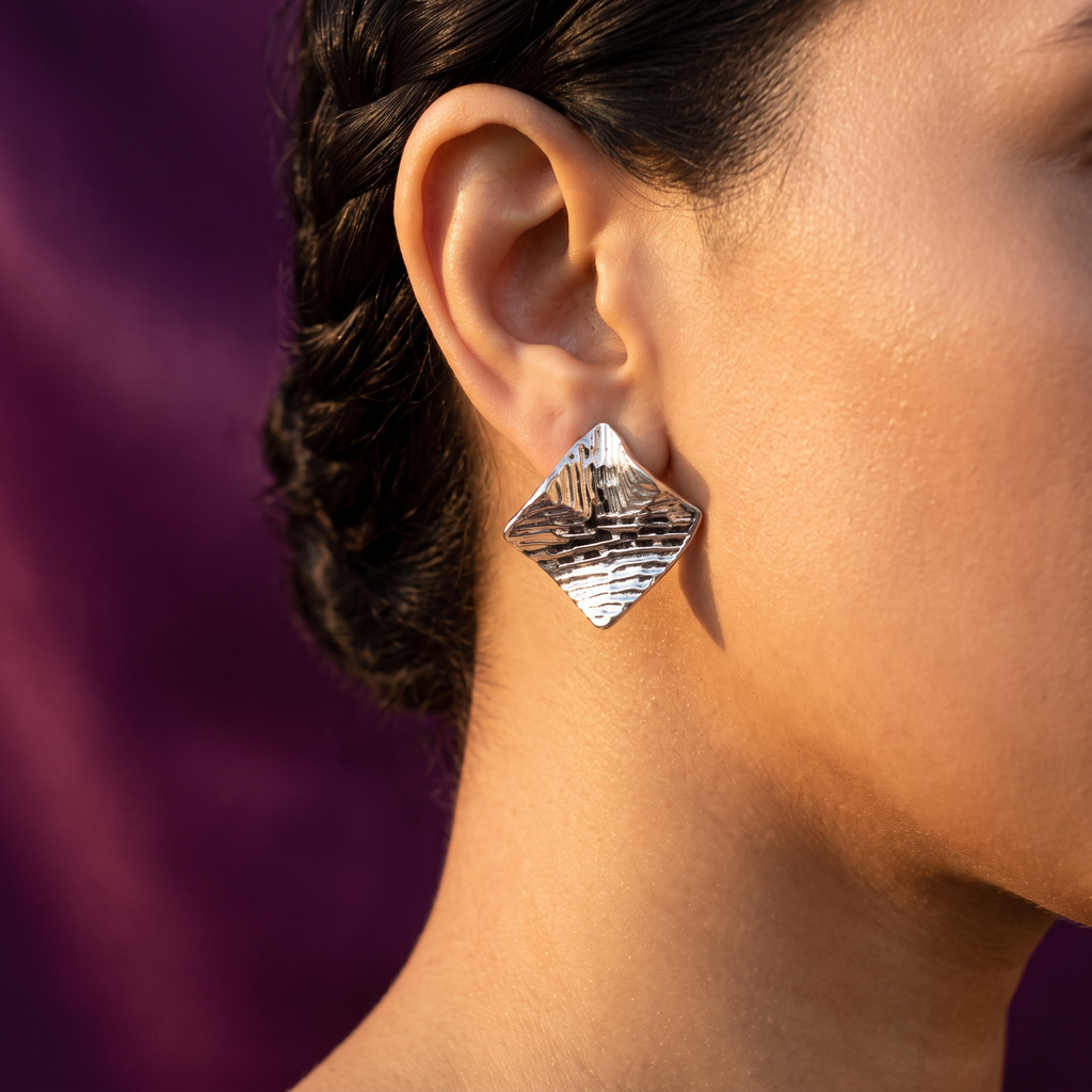Silver Textured Diamond Shape Stud Earrings | S.W.ANJ