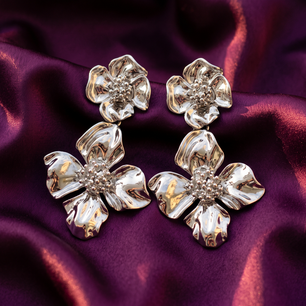 Silver High-Polish Floral Drop Earrings with Crystal Centres | S.W.ANJ
