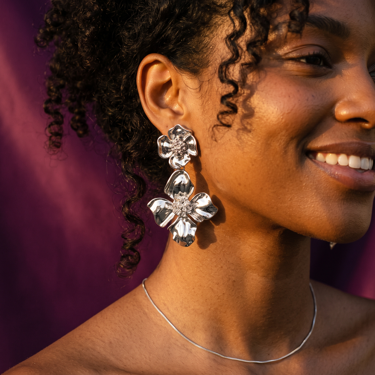 Silver High-Polish Floral Drop Earrings with Crystal Centres | S.W.ANJ