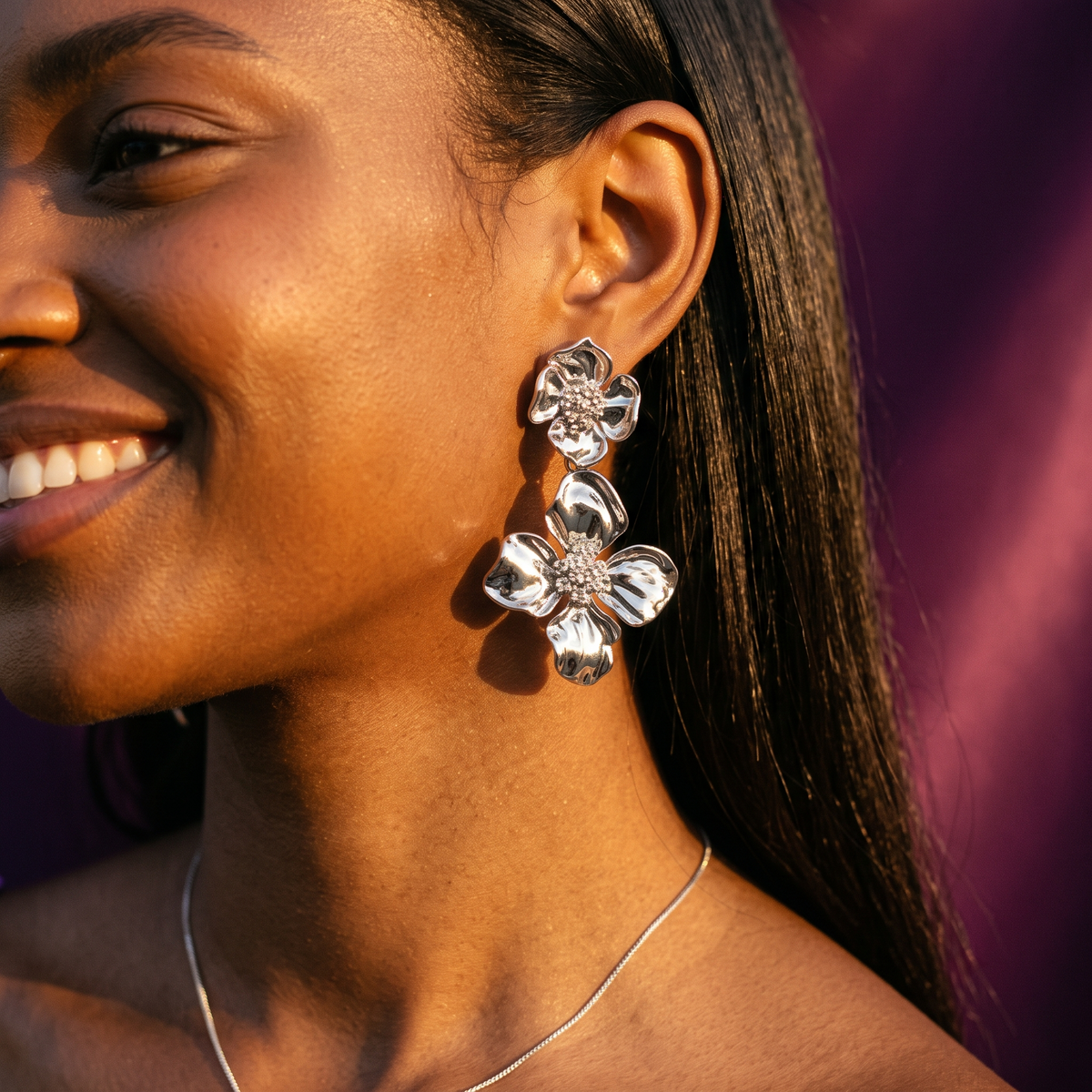 Silver High-Polish Floral Drop Earrings with Crystal Centres | S.W.ANJ