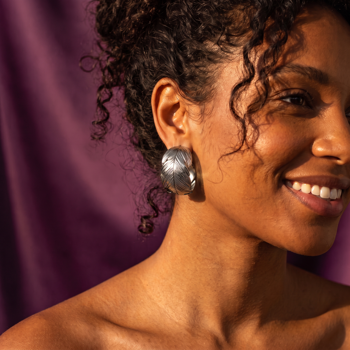 Silver Engraved Leaf Wide Hoop Earrings | S.W.ANJ