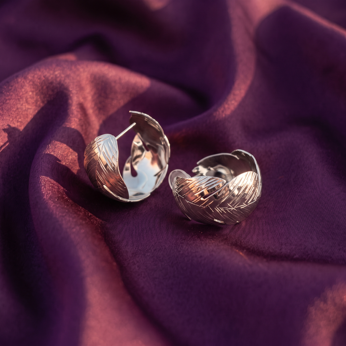 Silver Engraved Leaf Wide Hoop Earrings | S.W.ANJ