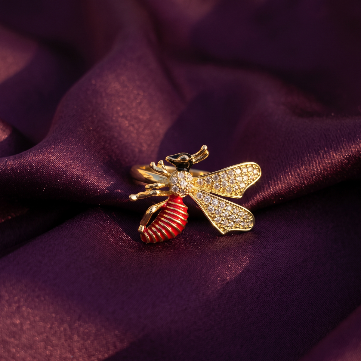 Gold Crystal Bee Ring with Red Enamel Body | S.W.ANJ