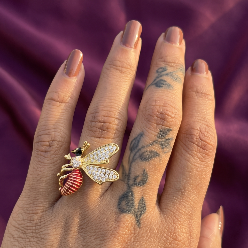 Gold Crystal Bee Ring with Red Enamel Body | S.W.ANJ