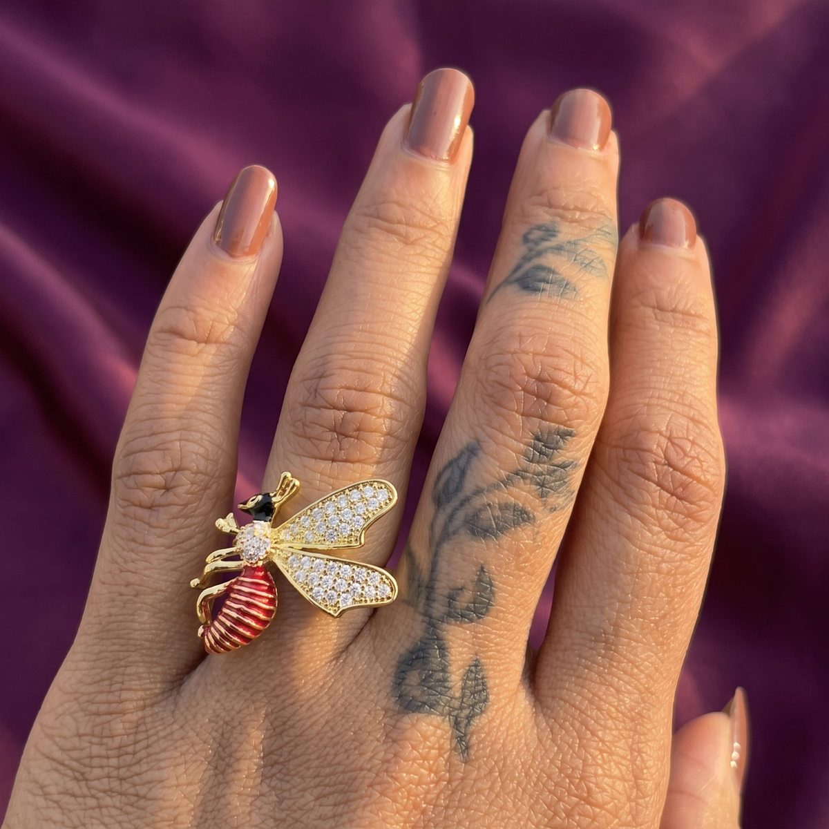 Gold Crystal Bee Ring with Red Enamel Body | S.W.ANJ