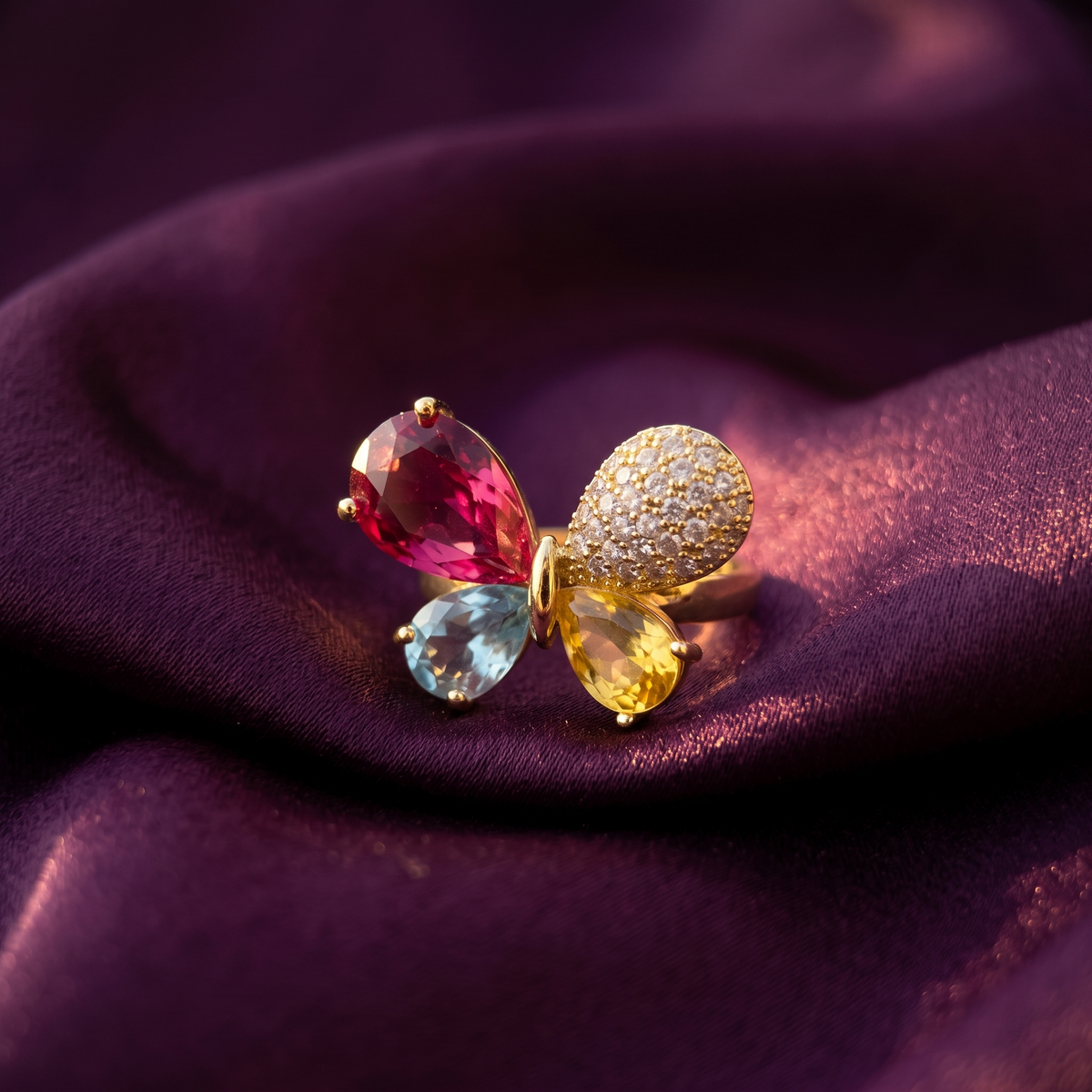 Gold Multicolour Butterfly Ring with Crystal Wings | S.W.ANJ