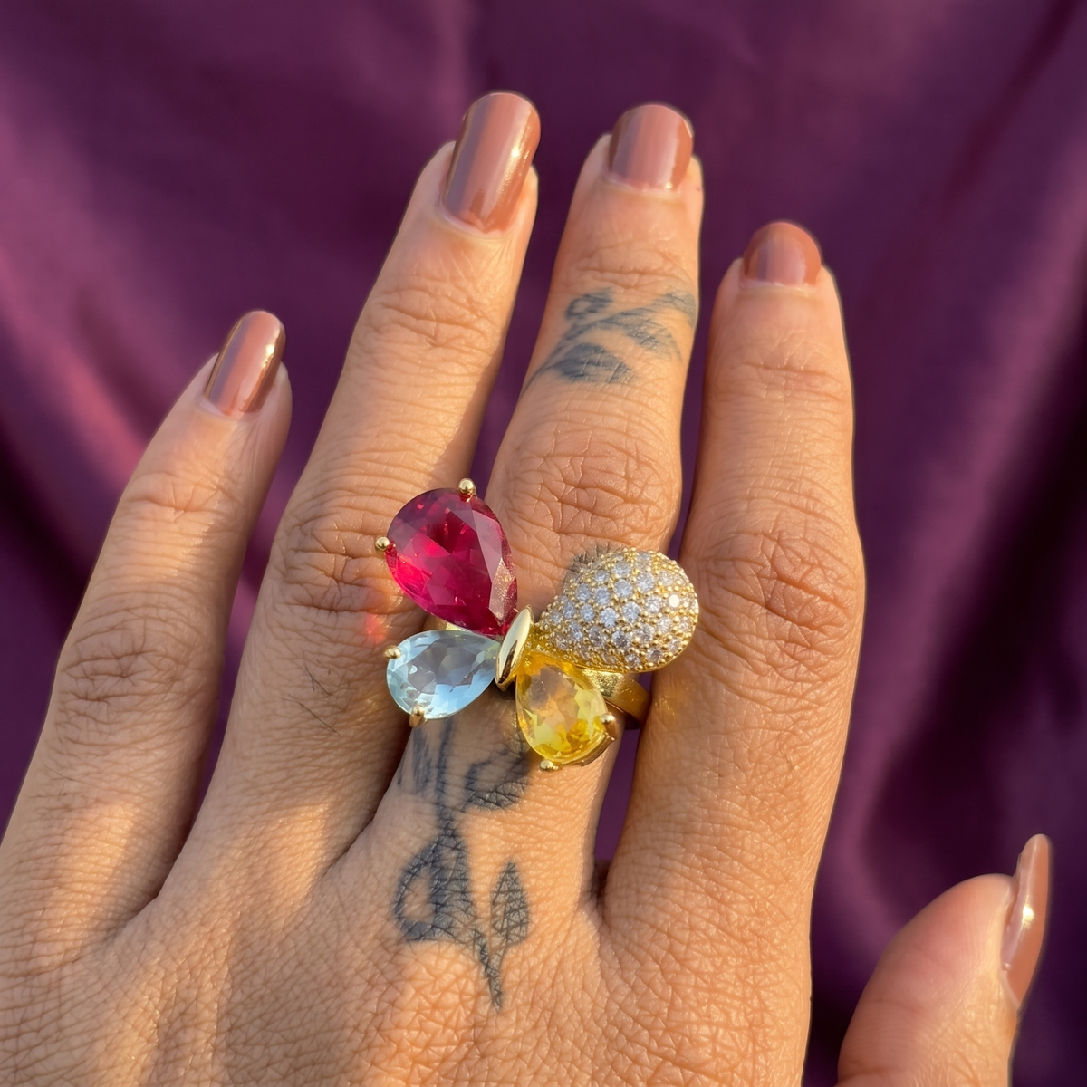 Gold Multicolour Butterfly Ring with Crystal Wings | S.W.ANJ