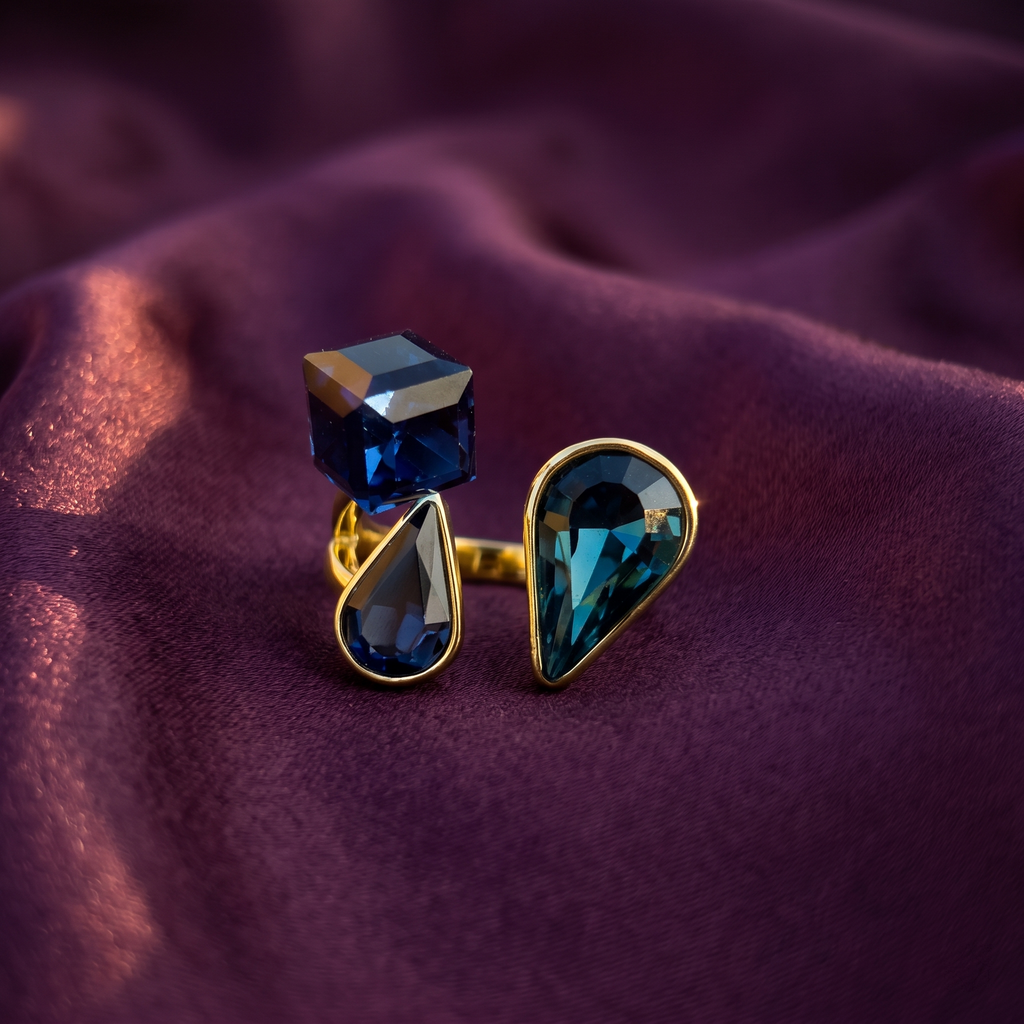 Gold Open Ring with Blue Teardrop and Cube Crystals | S.W.ANJ