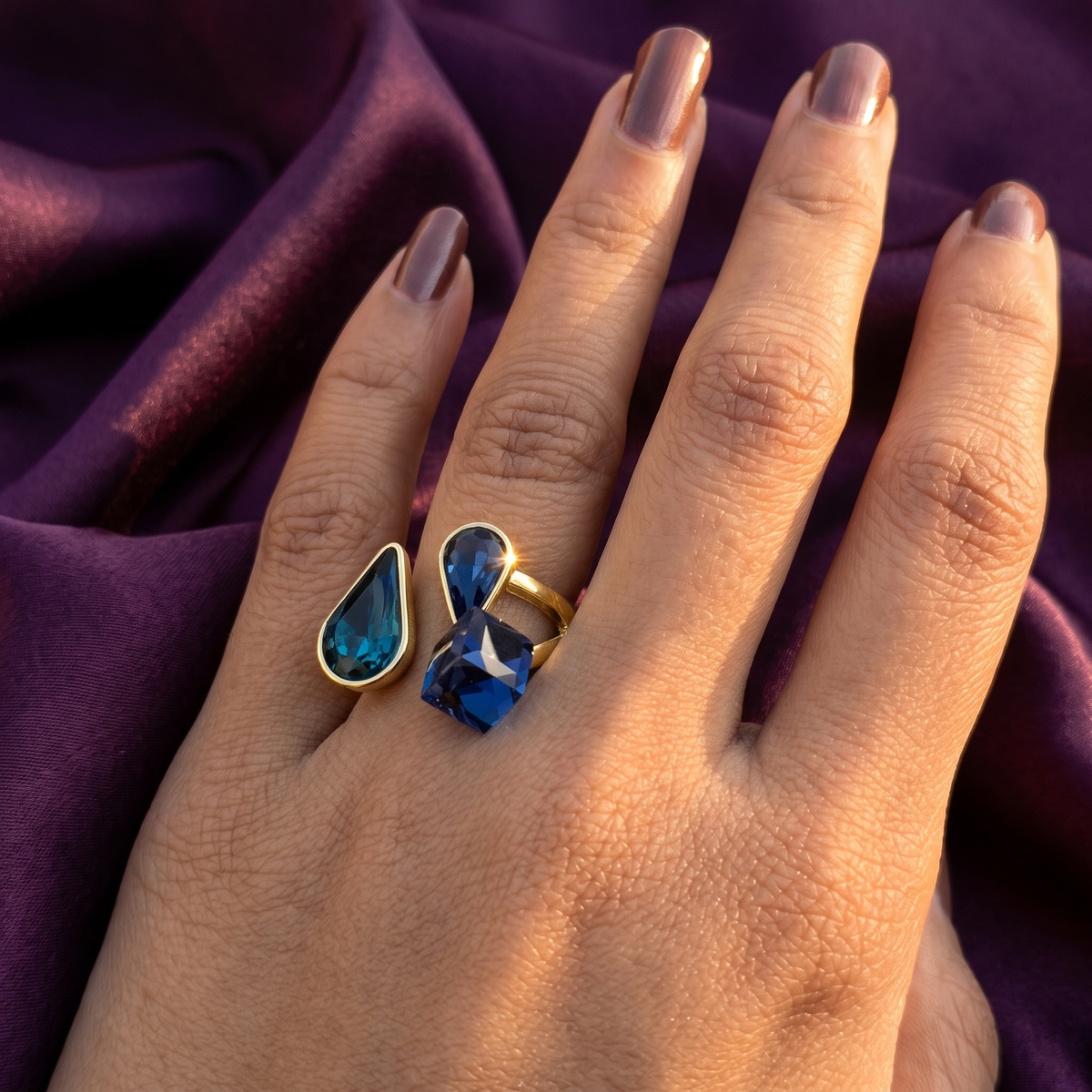 Gold Open Ring with Blue Teardrop and Cube Crystals | S.W.ANJ