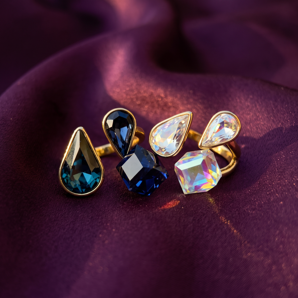 Gold Open Ring with Blue Teardrop and Cube Crystals | S.W.ANJ