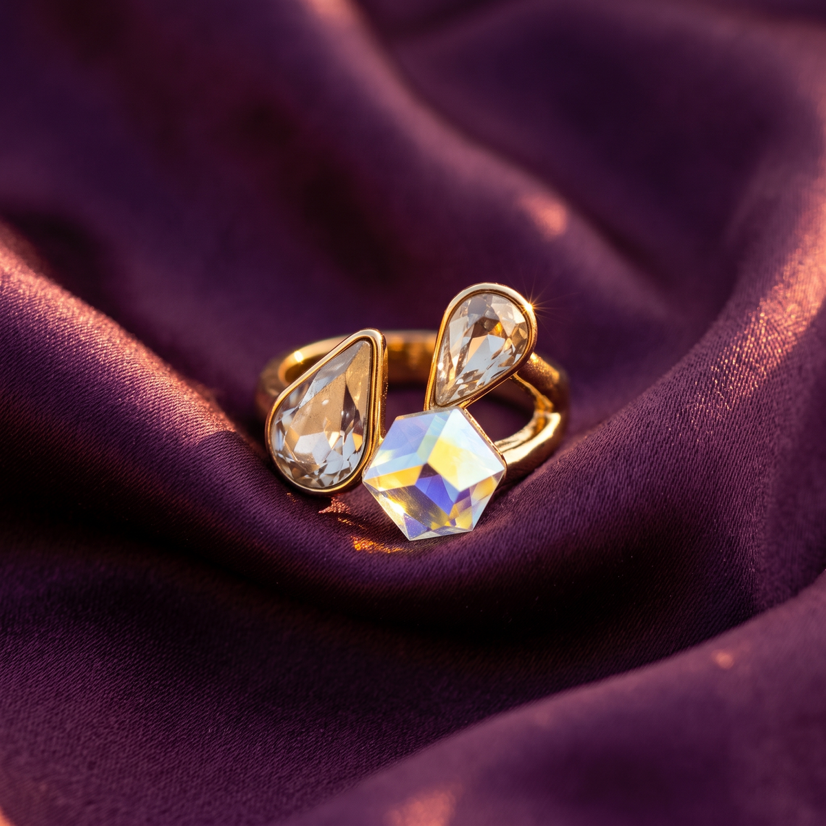 Gold Open Ring with Blue Teardrop and Cube Crystals | S.W.ANJ