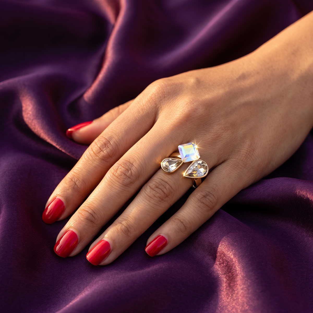 Gold Open Ring with Blue Teardrop and Cube Crystals | S.W.ANJ