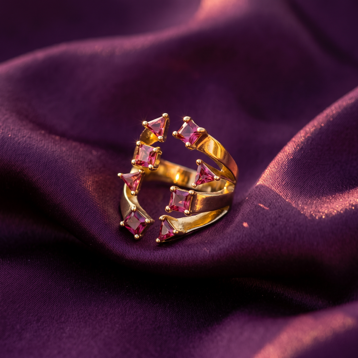 Gold Wide Band Ring with Red Claw-Set Stones | S.W.ANJ