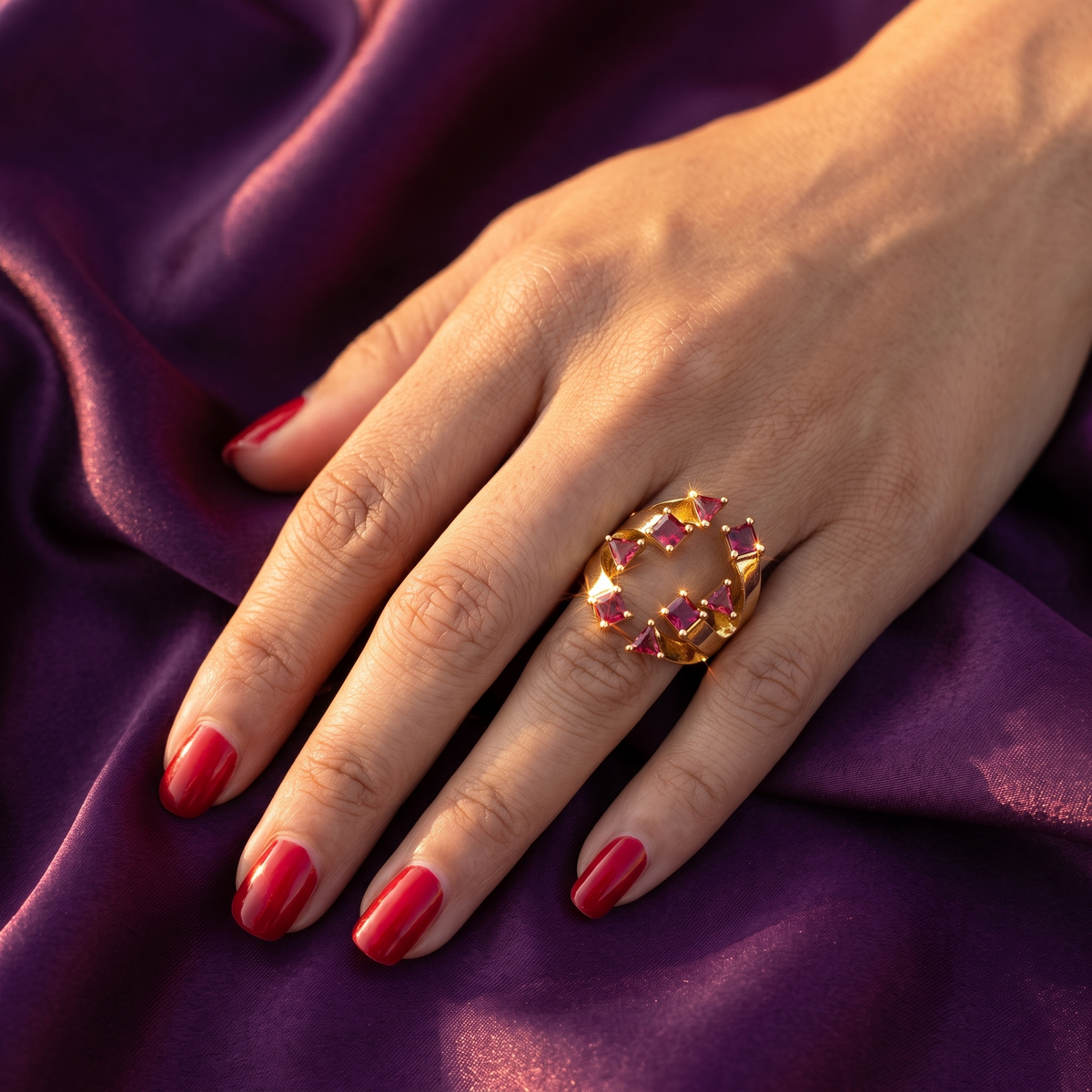 Gold Wide Band Ring with Red Claw-Set Stones | S.W.ANJ