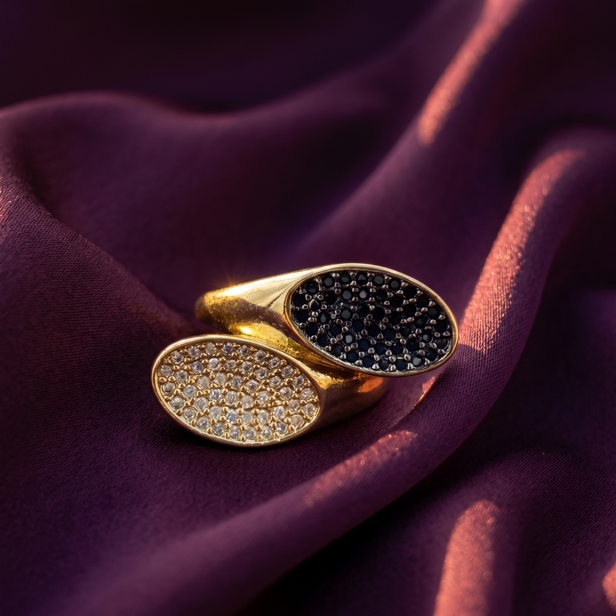 Gold Black & White Crystal Oval Bypass Ring | S.W.ANJ