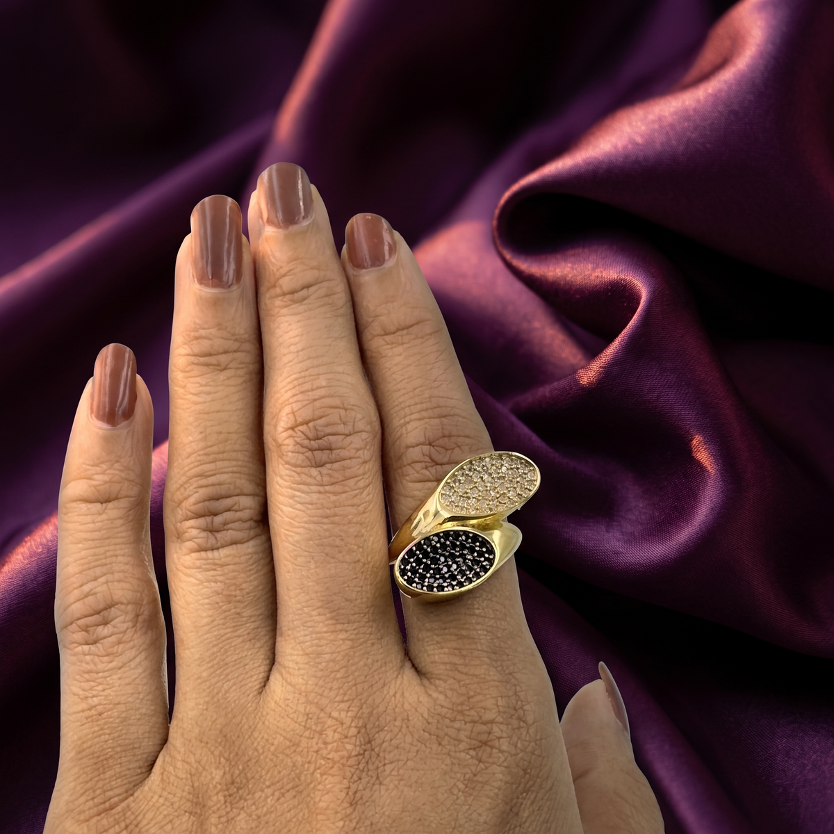 Gold Black & White Crystal Oval Bypass Ring | S.W.ANJ