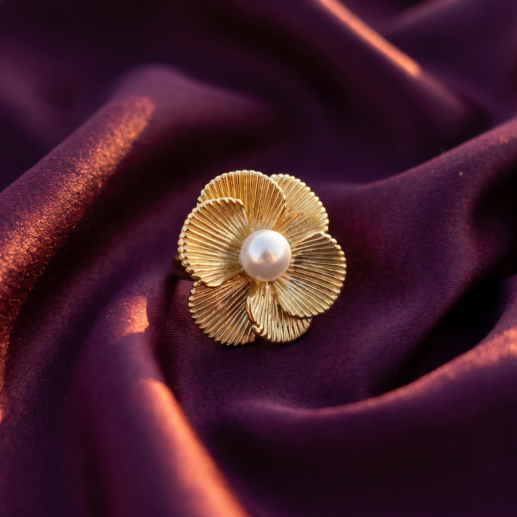 Gold Ribbed Petal Flower Ring with Pearl Centre | S.W.ANJ