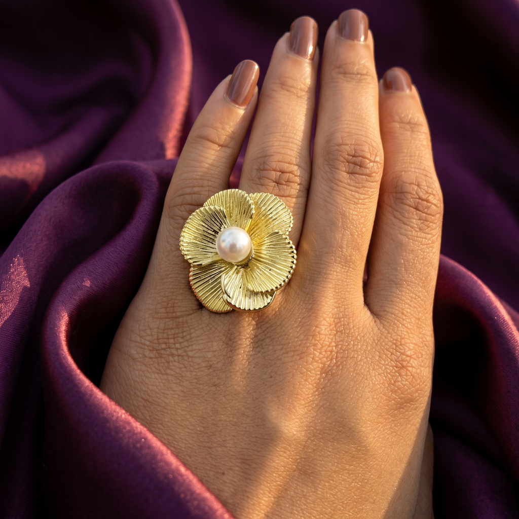 Gold Ribbed Petal Flower Ring with Pearl Centre | S.W.ANJ