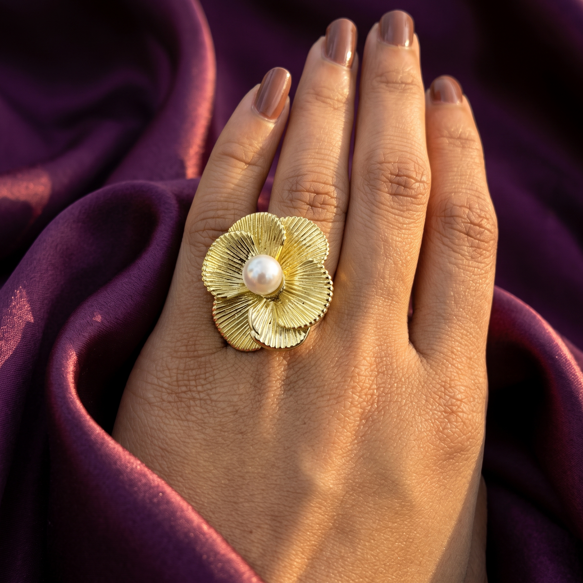 Gold Ribbed Petal Flower Ring with Pearl Centre | S.W.ANJ