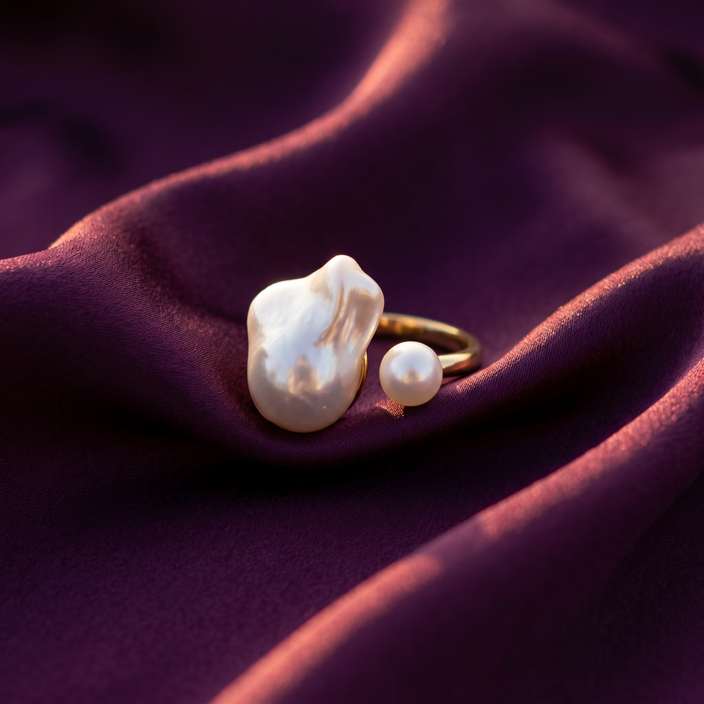 Gold Open Ring with Baroque Pearl and Round Pearl | S.W.ANJ