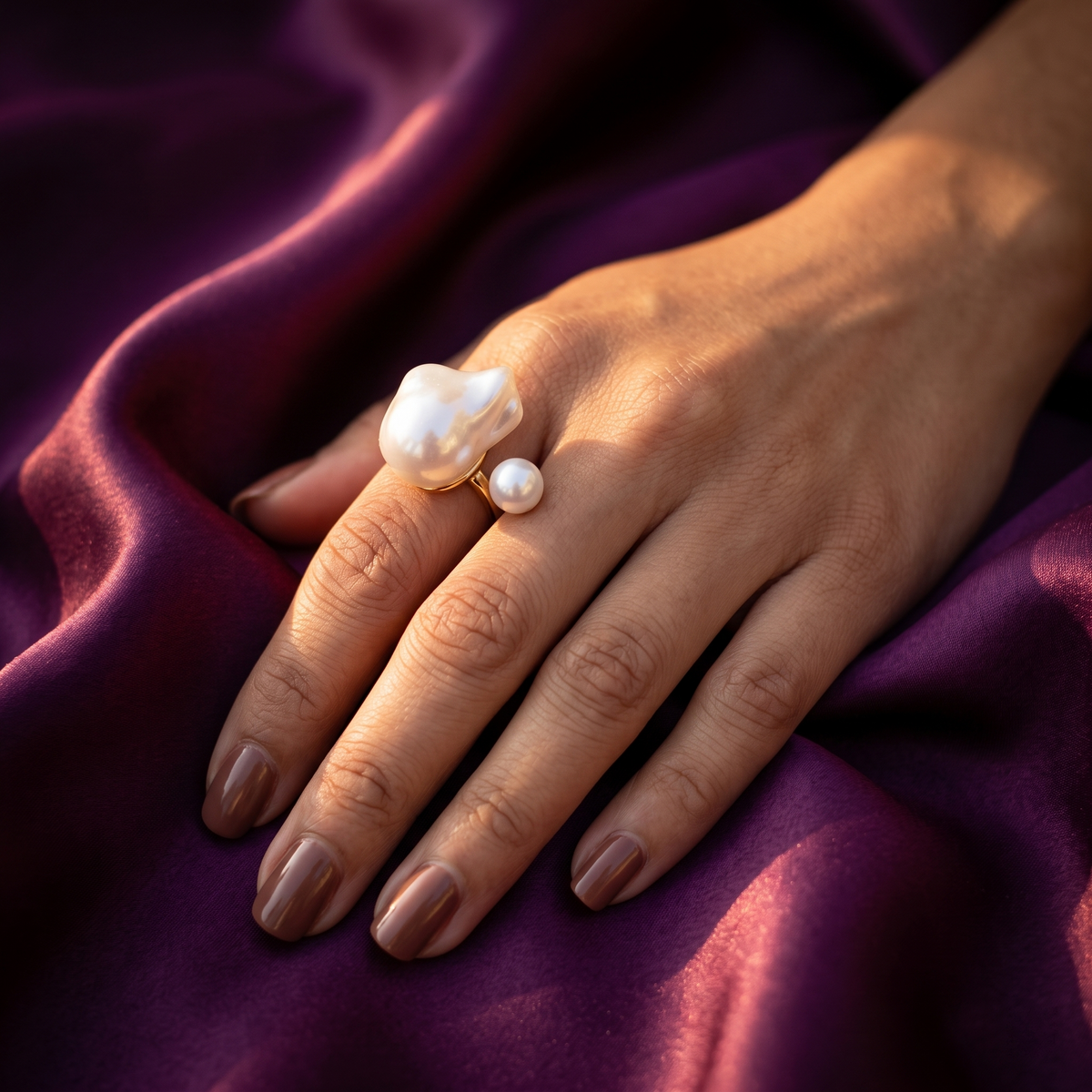 Gold Open Ring with Baroque Pearl and Round Pearl | S.W.ANJ