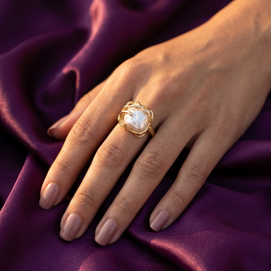 Gold Vine Frame Baroque Pearl Ring | S.W.ANJ