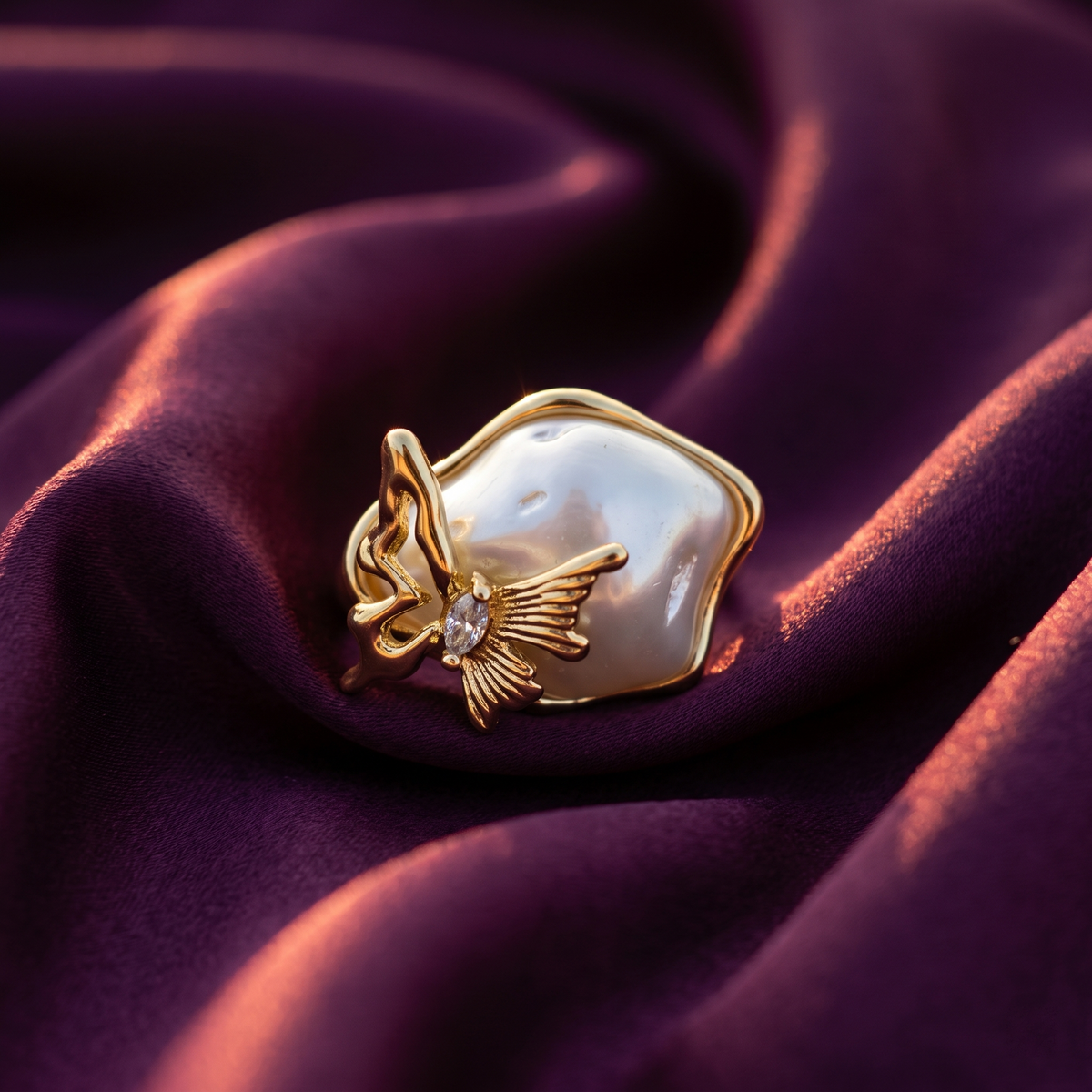 Gold Baroque Pearl Ring with Butterfly Accent | S.W.ANJ