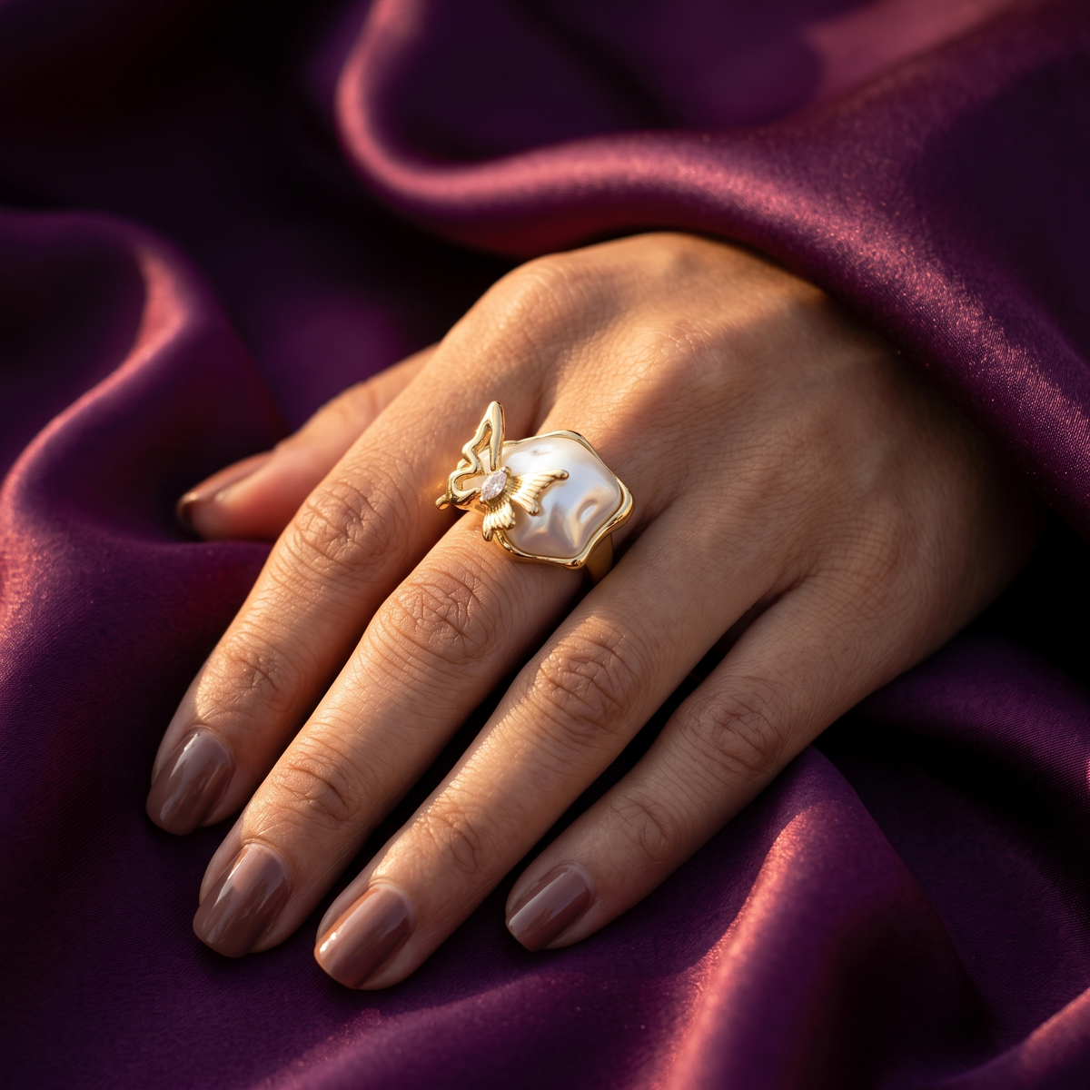 Gold Baroque Pearl Ring with Butterfly Accent | S.W.ANJ