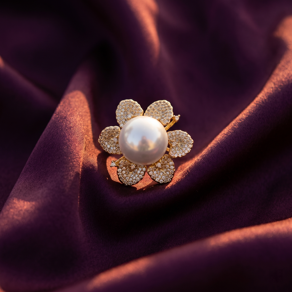 Gold Crystal Petal Flower Ring with Large Pearl | S.W.ANJ