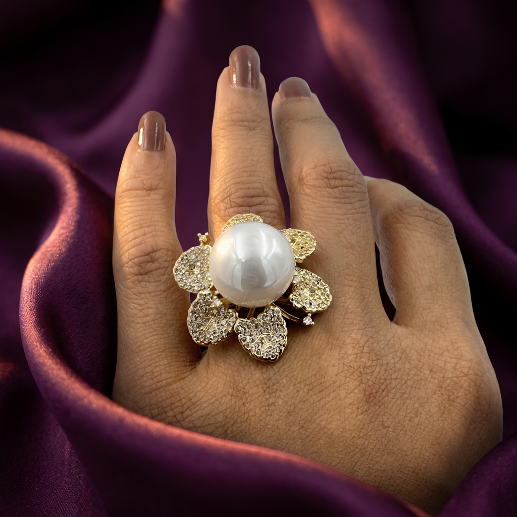 Gold Crystal Petal Flower Ring with Large Pearl | S.W.ANJ
