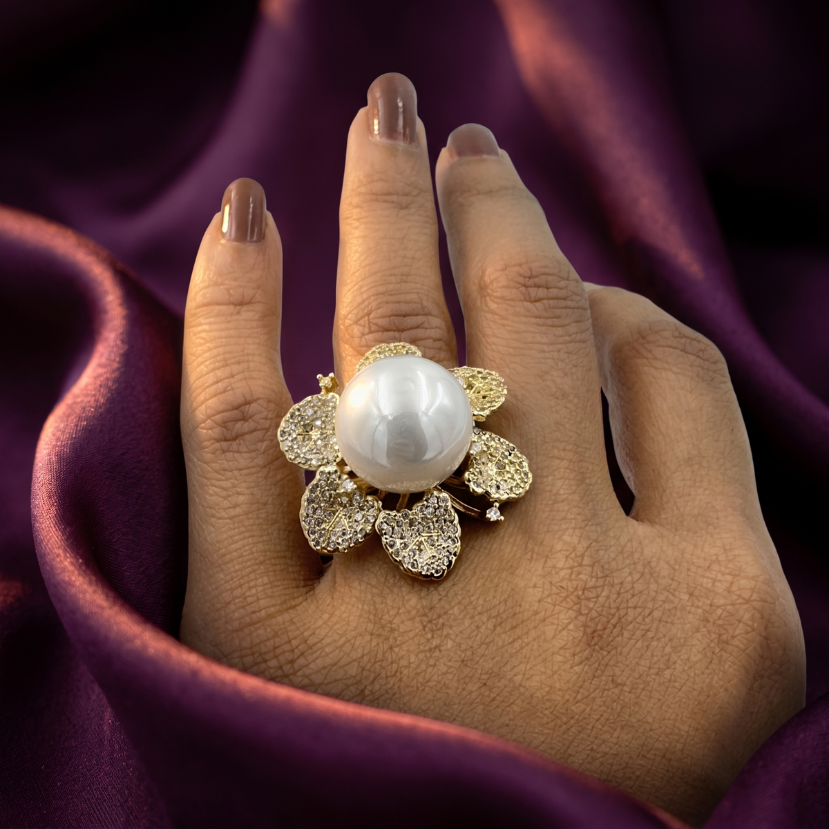 Gold Crystal Petal Flower Ring with Large Pearl | S.W.ANJ