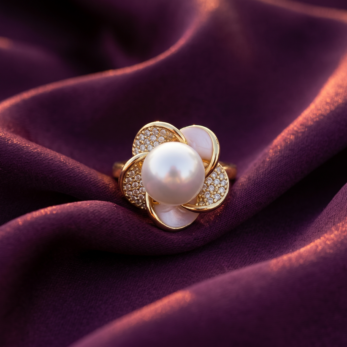 Gold Open Pearl Flower Ring with Crystal and White Ceramic Petals | S.W.ANJ